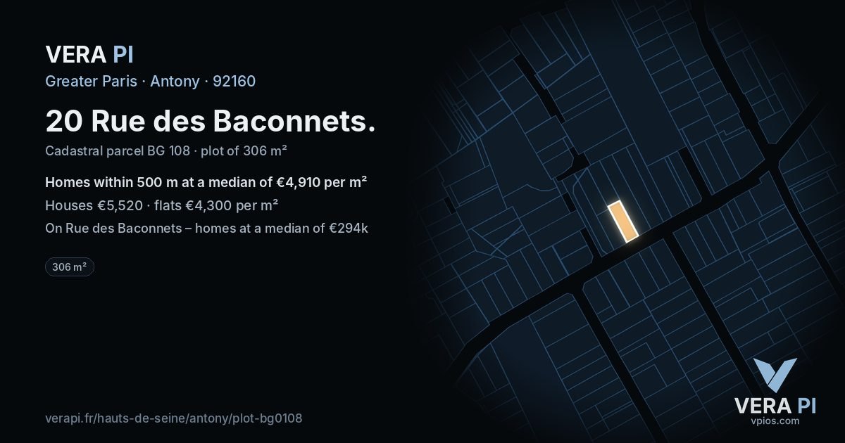 20 Rue des Baconnets, Antony at night – the plot lit, the parcels around coloured by the prices near them