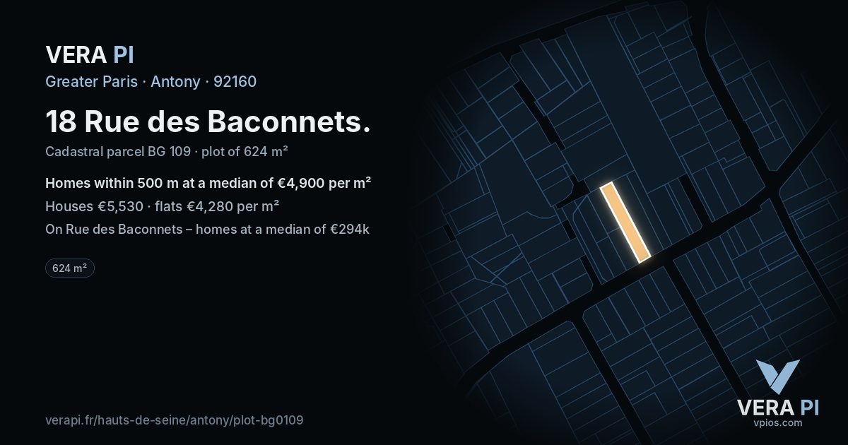 18 Rue des Baconnets, Antony at night – the plot lit, the parcels around coloured by the prices near them
