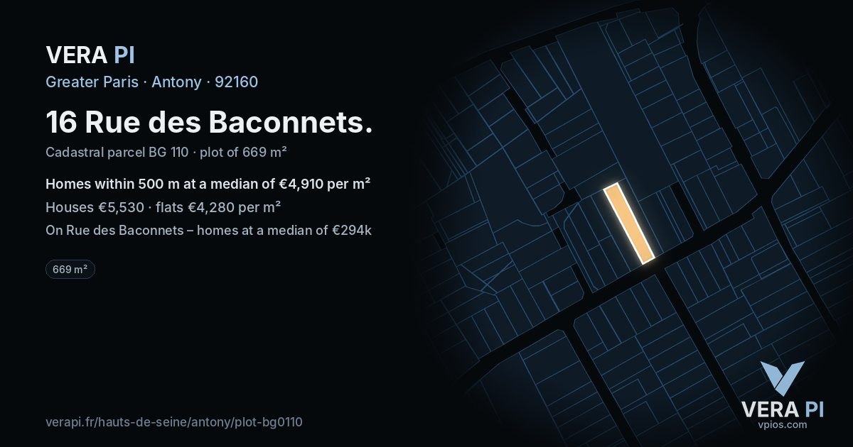 16 Rue des Baconnets, Antony at night – the plot lit, the parcels around coloured by the prices near them