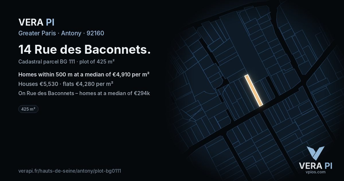 14 Rue des Baconnets, Antony at night – the plot lit, the parcels around coloured by the prices near them