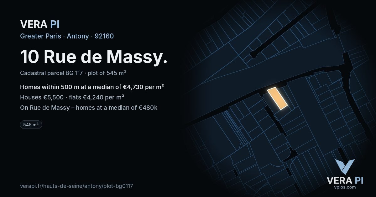 10 Rue de Massy, Antony at night – the plot lit, the parcels around coloured by the prices near them