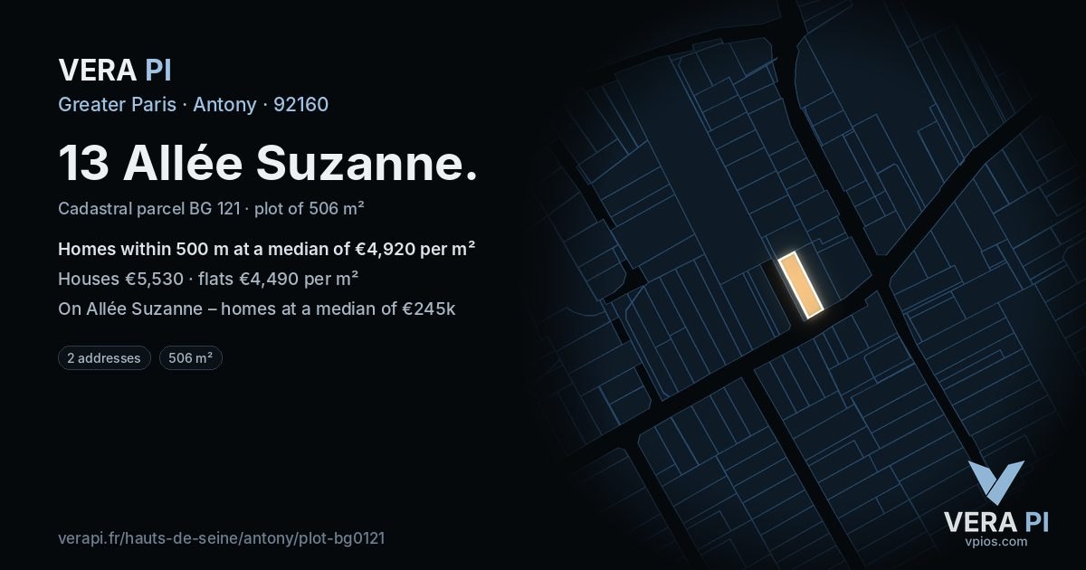 13 Allée Suzanne, Antony at night – the plot lit, the parcels around coloured by the prices near them