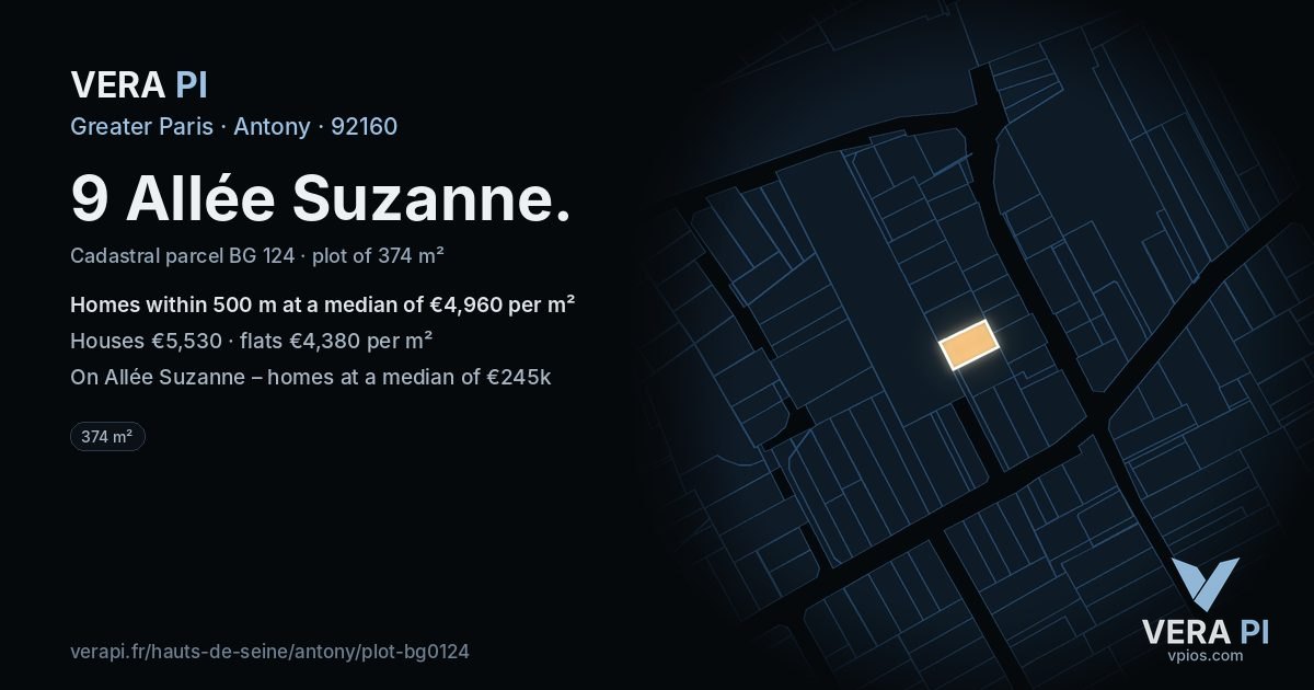 9 Allée Suzanne, Antony at night – the plot lit, the parcels around coloured by the prices near them