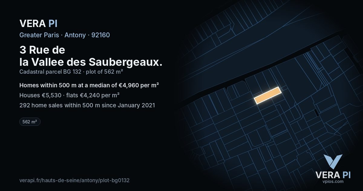 3 Rue de la Vallee des Saubergeaux, Antony at night – the plot lit, the parcels around coloured by the prices near them