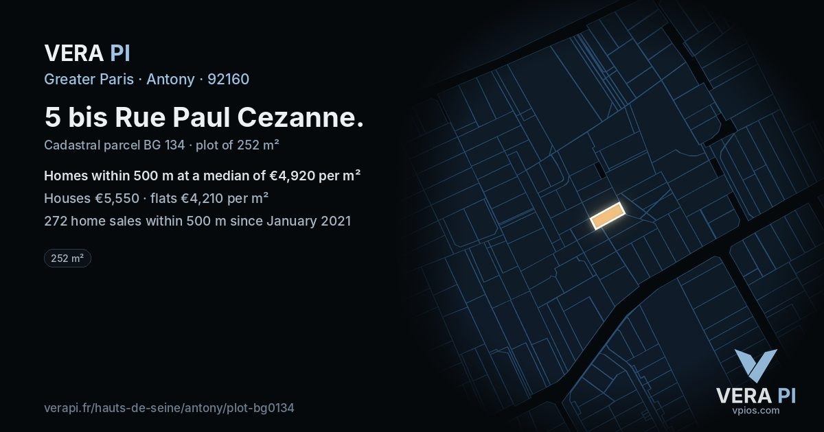 5 bis Rue Paul Cezanne, Antony at night – the plot lit, the parcels around coloured by the prices near them