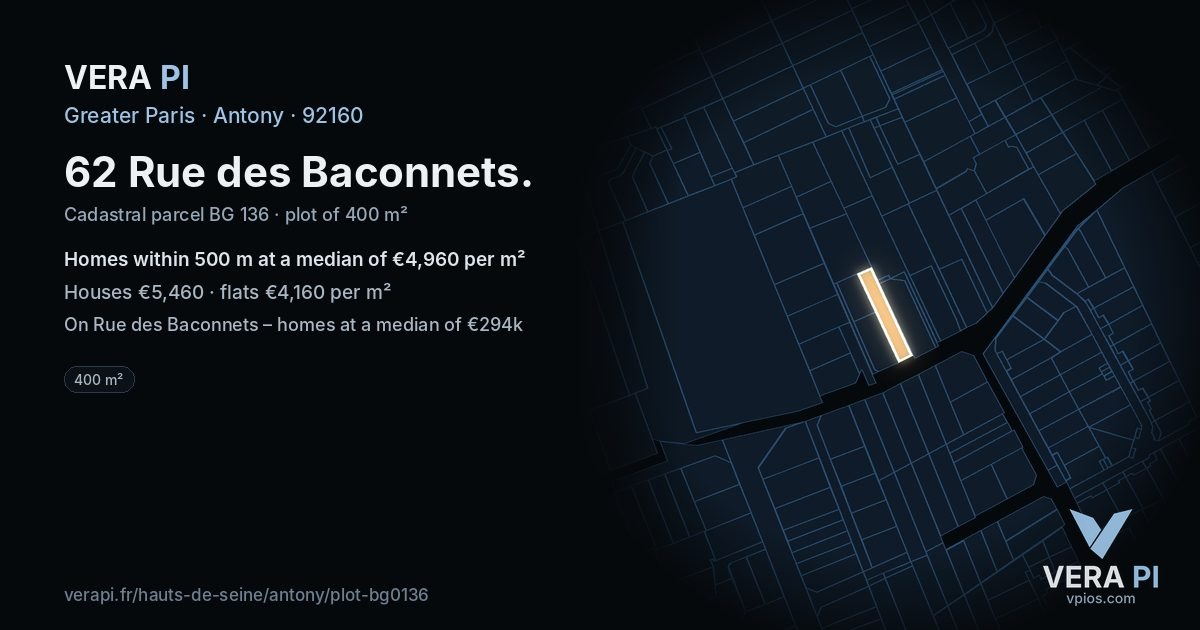 62 Rue des Baconnets, Antony at night – the plot lit, the parcels around coloured by the prices near them
