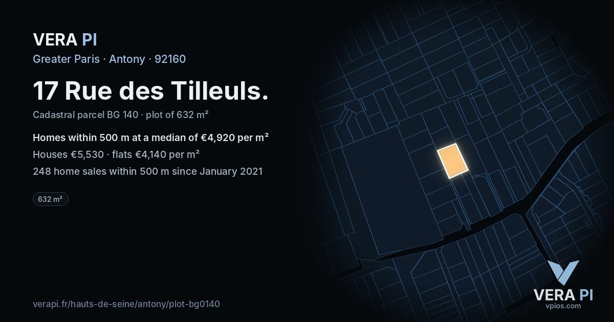 17 Rue des Tilleuls, Antony at night – the plot lit, the parcels around coloured by the prices near them