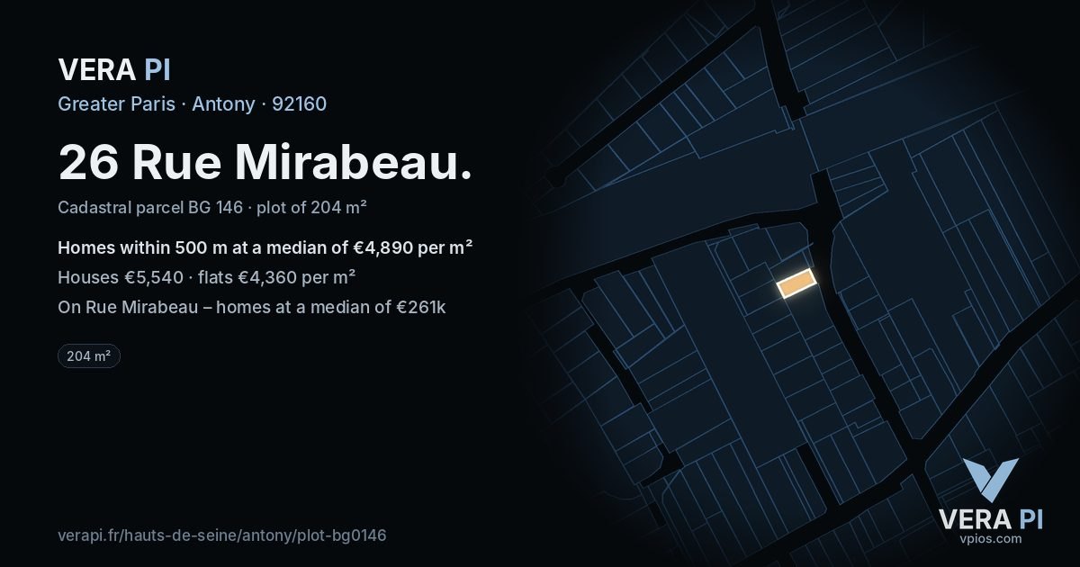 26 Rue Mirabeau, Antony at night – the plot lit, the parcels around coloured by the prices near them