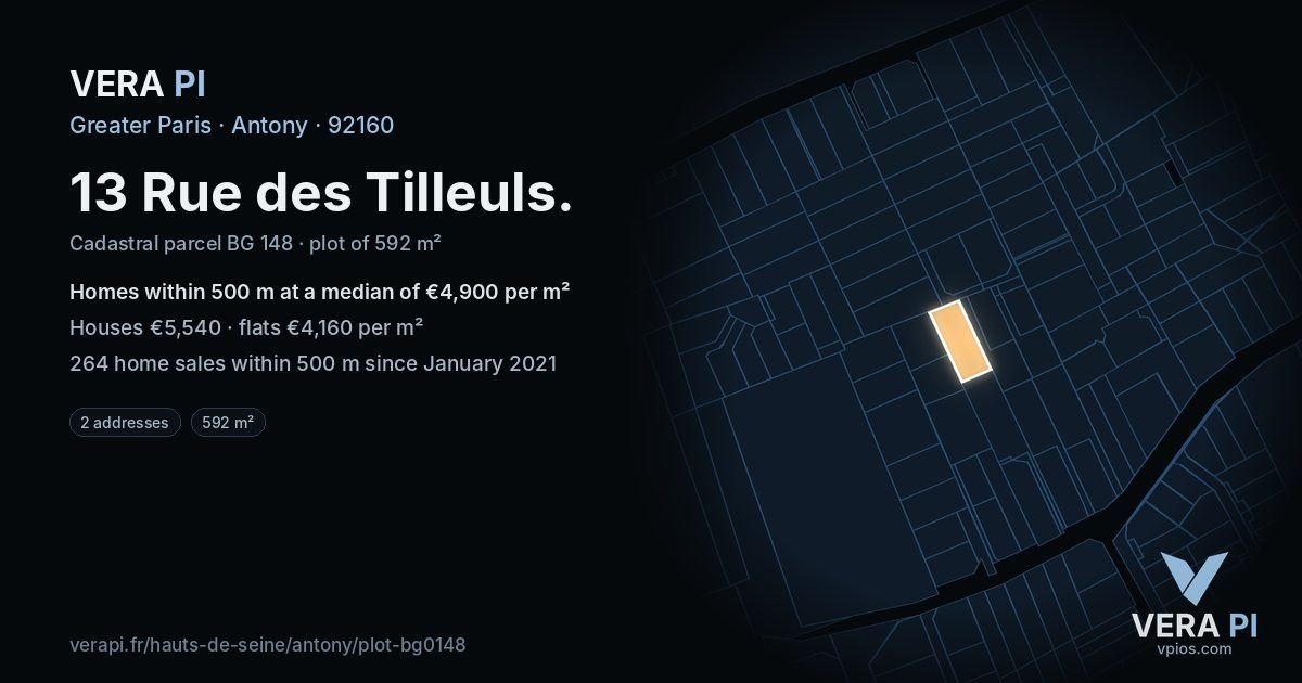 13 Rue des Tilleuls, Antony at night – the plot lit, the parcels around coloured by the prices near them