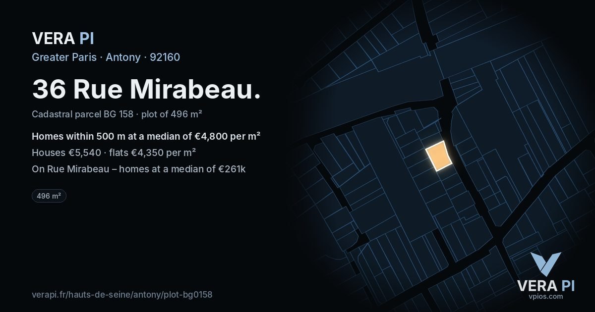 36 Rue Mirabeau, Antony at night – the plot lit, the parcels around coloured by the prices near them