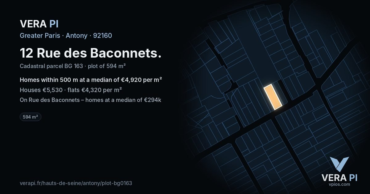 12 Rue des Baconnets, Antony at night – the plot lit, the parcels around coloured by the prices near them