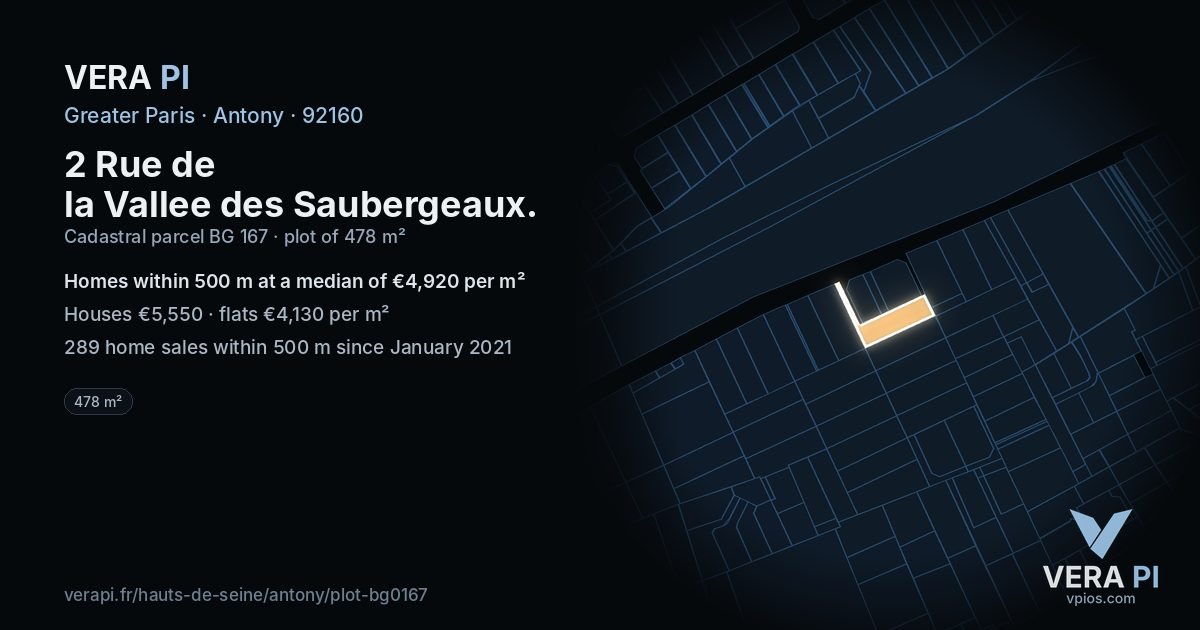 2 Rue de la Vallee des Saubergeaux, Antony at night – the plot lit, the parcels around coloured by the prices near them