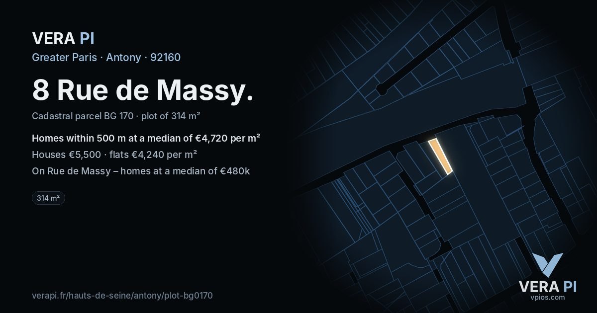 8 Rue de Massy, Antony at night – the plot lit, the parcels around coloured by the prices near them