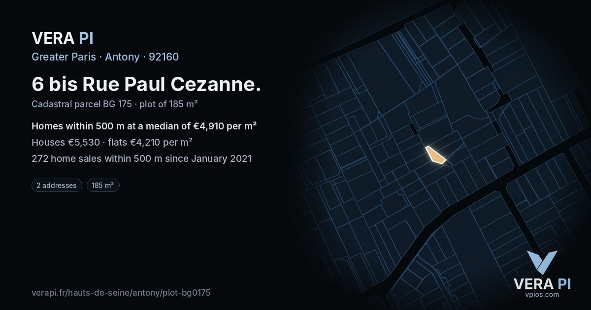 6 bis Rue Paul Cezanne, Antony at night – the plot lit, the parcels around coloured by the prices near them