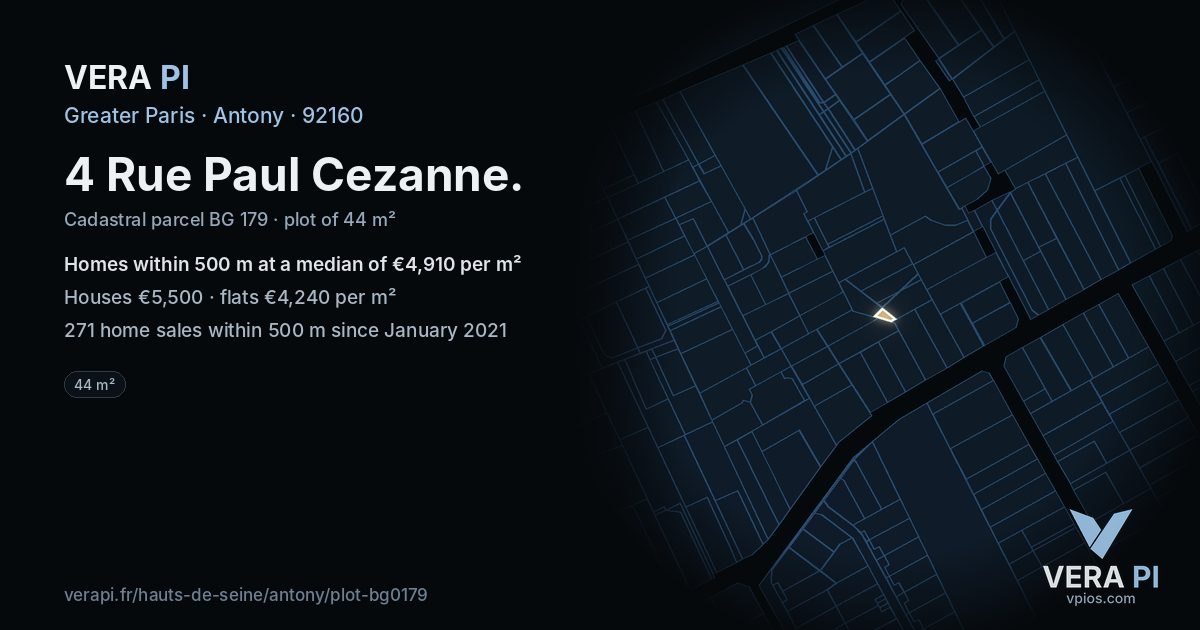 4 Rue Paul Cezanne, Antony at night – the plot lit, the parcels around coloured by the prices near them