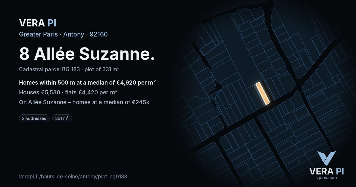 8 Allée Suzanne, Antony at night – the plot lit, the parcels around coloured by the prices near them