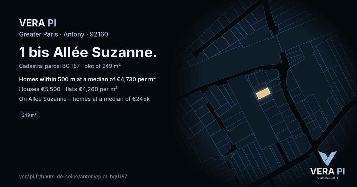 1 bis Allée Suzanne, Antony at night – the plot lit, the parcels around coloured by the prices near them