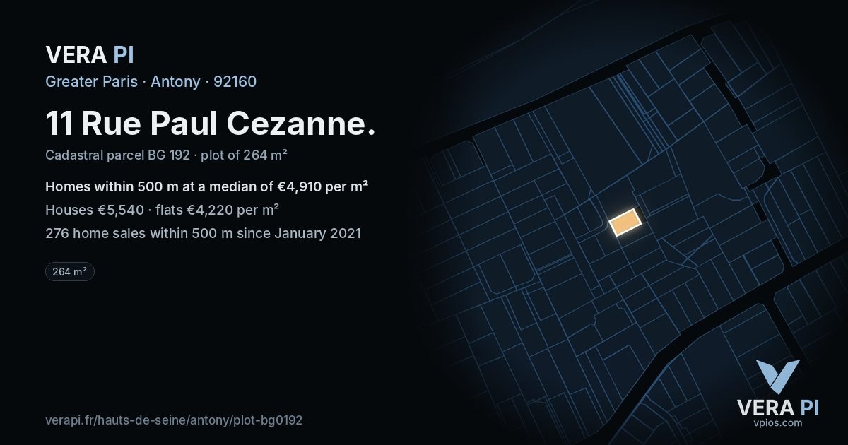 11 Rue Paul Cezanne, Antony at night – the plot lit, the parcels around coloured by the prices near them