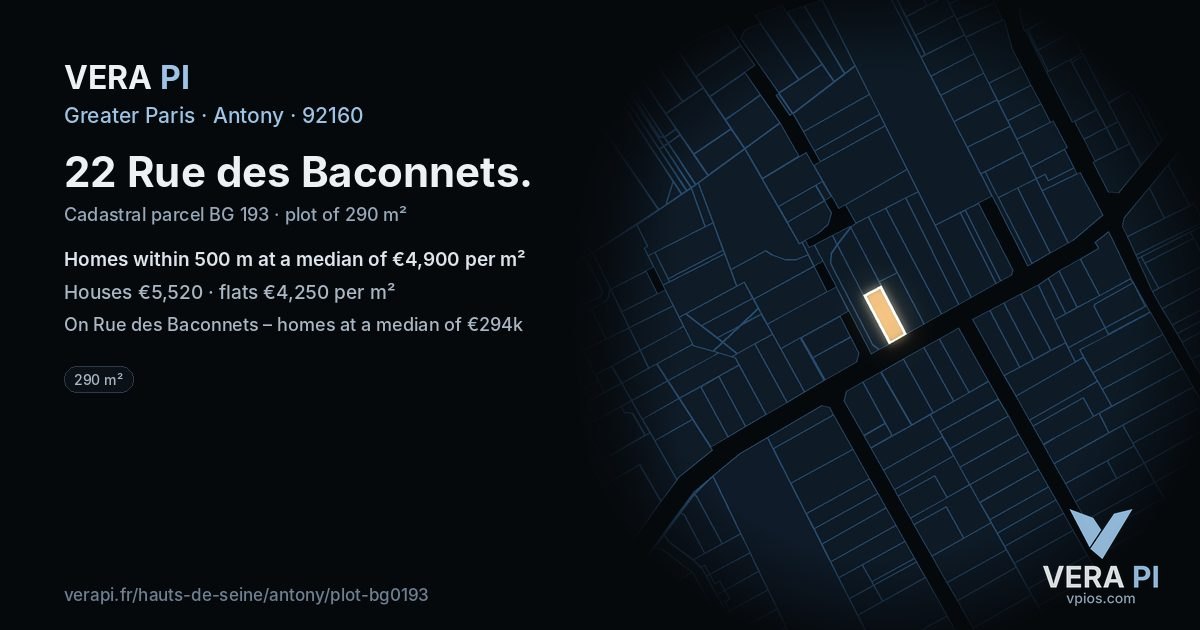 22 Rue des Baconnets, Antony at night – the plot lit, the parcels around coloured by the prices near them