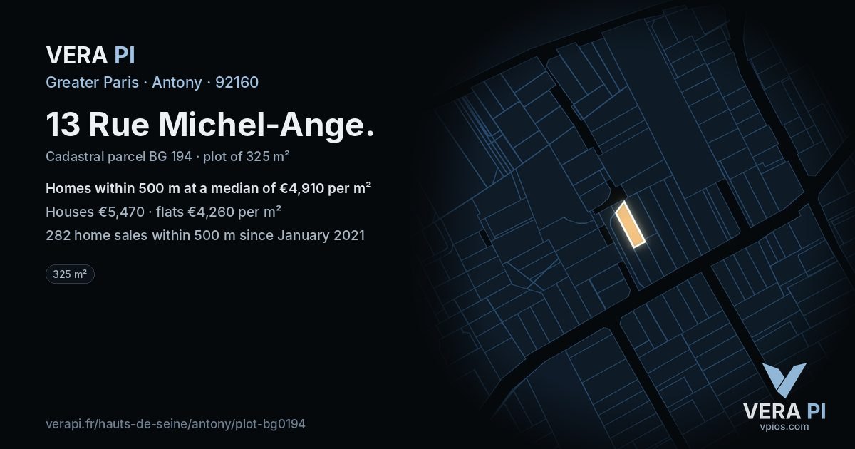13 Rue Michel-Ange, Antony at night – the plot lit, the parcels around coloured by the prices near them