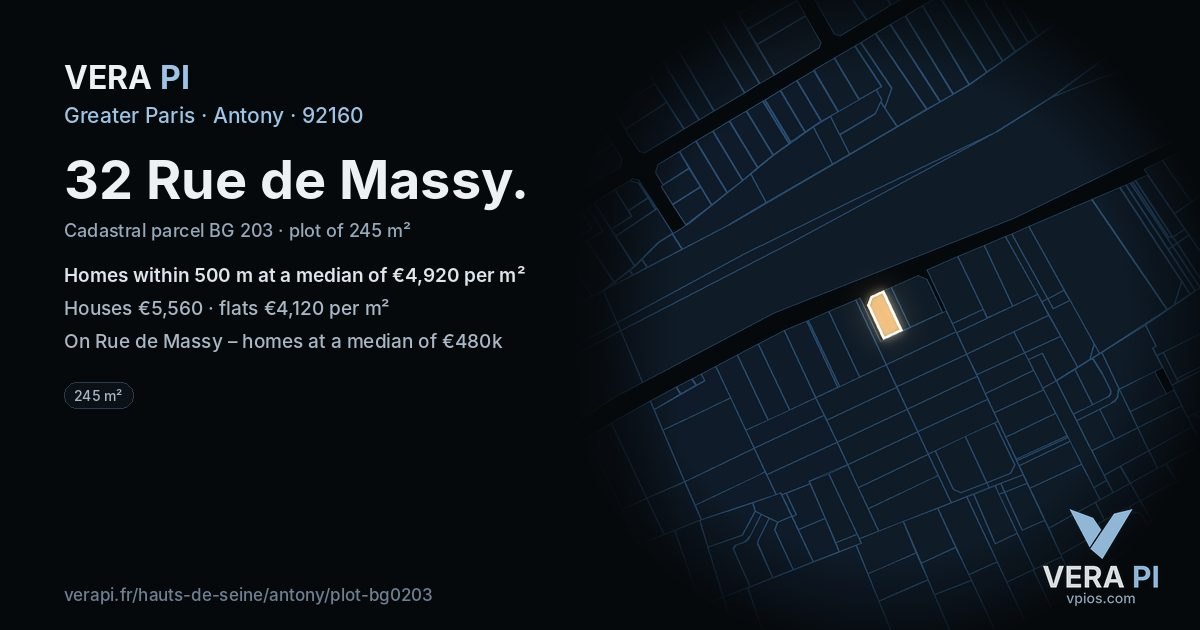 32 Rue de Massy, Antony at night – the plot lit, the parcels around coloured by the prices near them