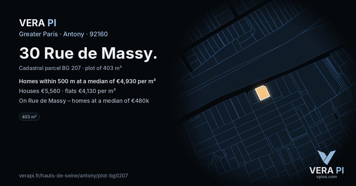 30 Rue de Massy, Antony at night – the plot lit, the parcels around coloured by the prices near them