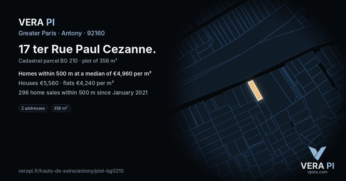 17 ter Rue Paul Cezanne, Antony at night – the plot lit, the parcels around coloured by the prices near them
