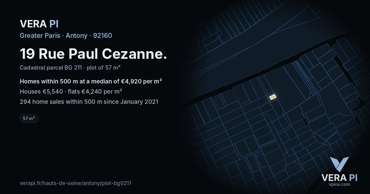 19 Rue Paul Cezanne, Antony at night – the plot lit, the parcels around coloured by the prices near them