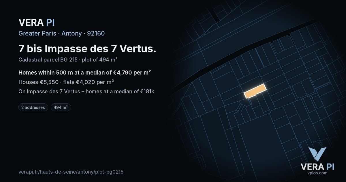 7 bis Impasse des 7 Vertus, Antony at night – the plot lit, the parcels around coloured by the prices near them