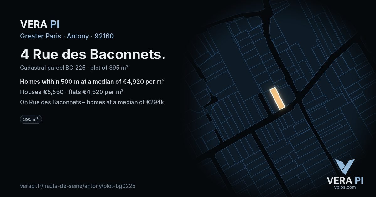 4 Rue des Baconnets, Antony at night – the plot lit, the parcels around coloured by the prices near them