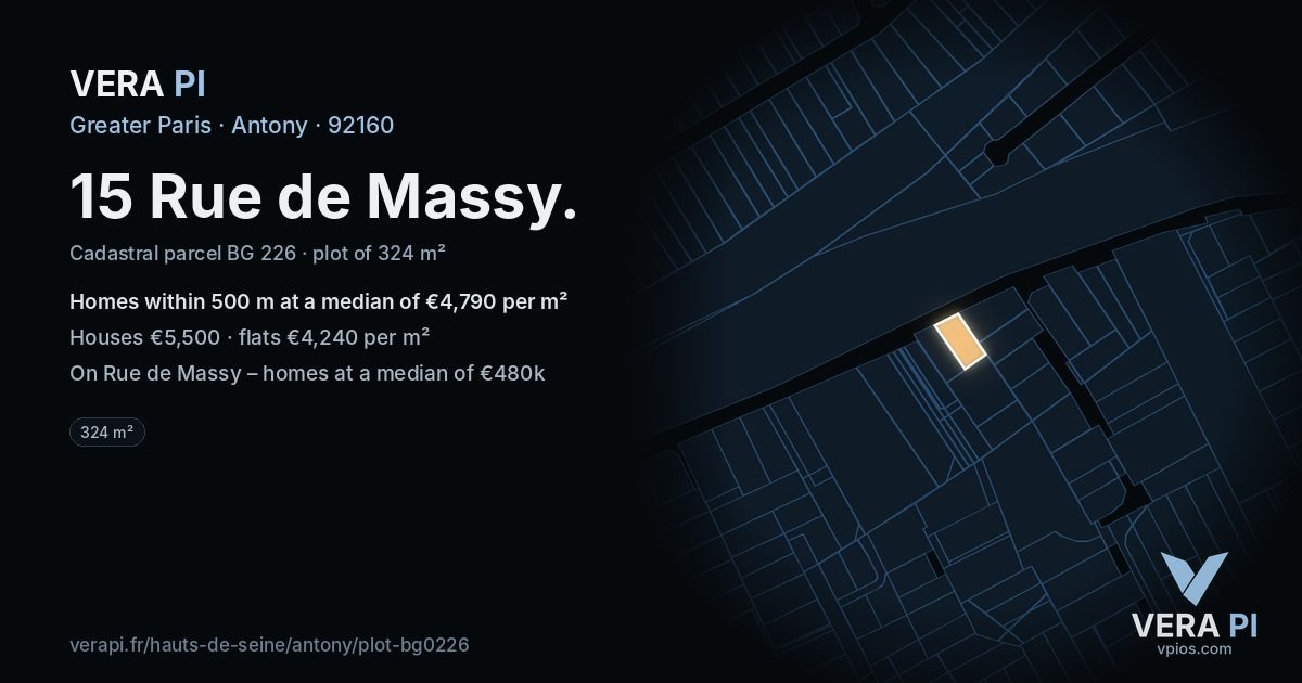 15 Rue de Massy, Antony at night – the plot lit, the parcels around coloured by the prices near them