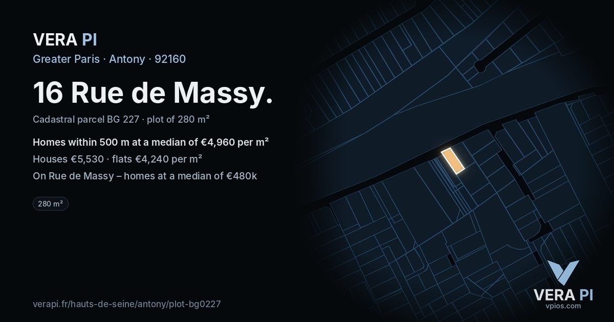 16 Rue de Massy, Antony at night – the plot lit, the parcels around coloured by the prices near them