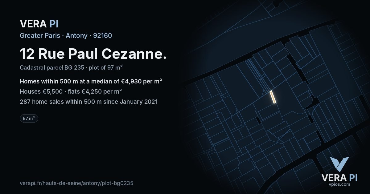 12 Rue Paul Cezanne, Antony at night – the plot lit, the parcels around coloured by the prices near them