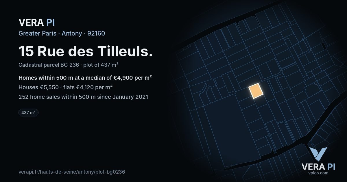 15 Rue des Tilleuls, Antony at night – the plot lit, the parcels around coloured by the prices near them