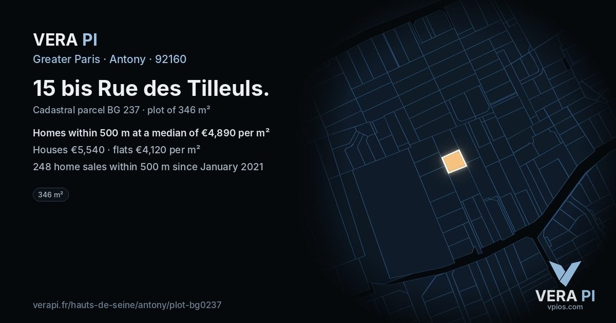 15 bis Rue des Tilleuls, Antony at night – the plot lit, the parcels around coloured by the prices near them
