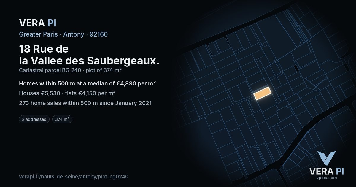 18 Rue de la Vallee des Saubergeaux, Antony at night – the plot lit, the parcels around coloured by the prices near them