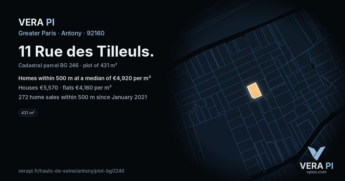 11 Rue des Tilleuls, Antony at night – the plot lit, the parcels around coloured by the prices near them