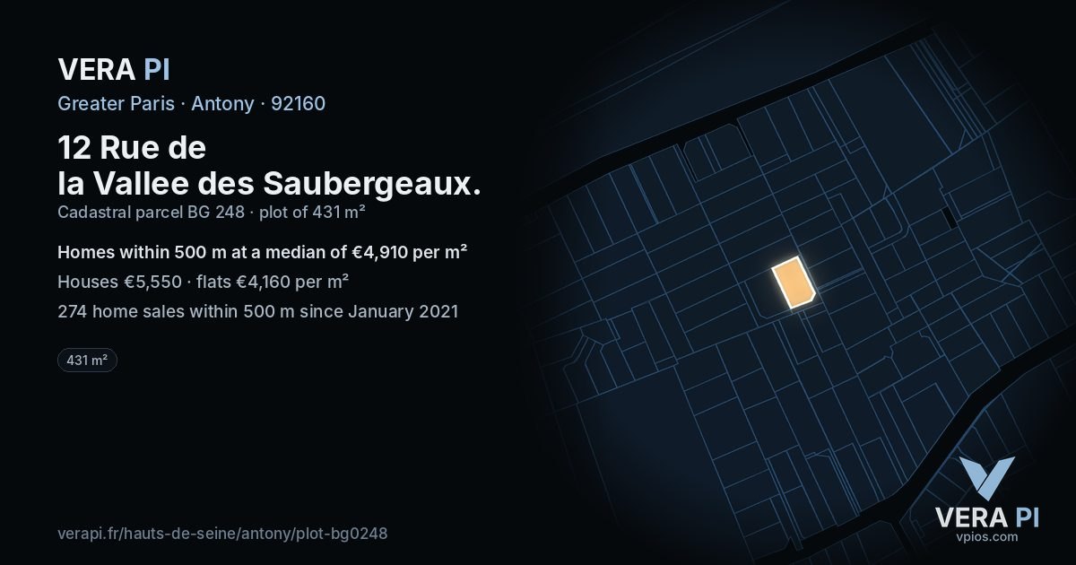 12 Rue de la Vallee des Saubergeaux, Antony at night – the plot lit, the parcels around coloured by the prices near them