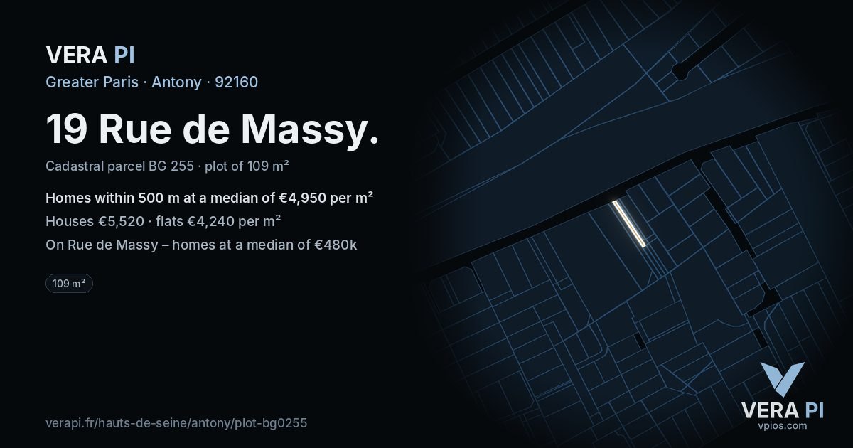 19 Rue de Massy, Antony at night – the plot lit, the parcels around coloured by the prices near them