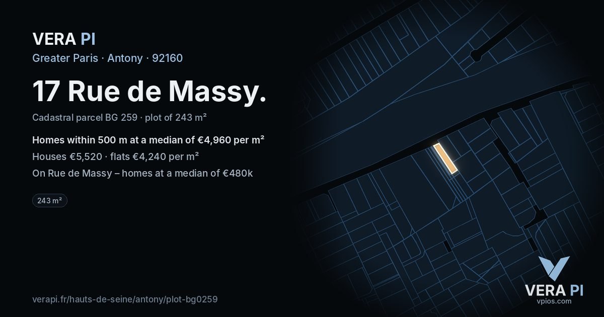 17 Rue de Massy, Antony at night – the plot lit, the parcels around coloured by the prices near them