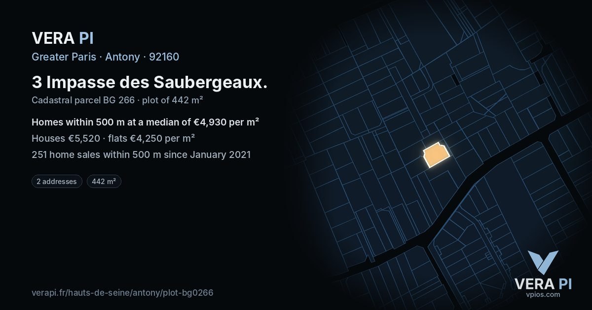 3 Impasse des Saubergeaux, Antony at night – the plot lit, the parcels around coloured by the prices near them