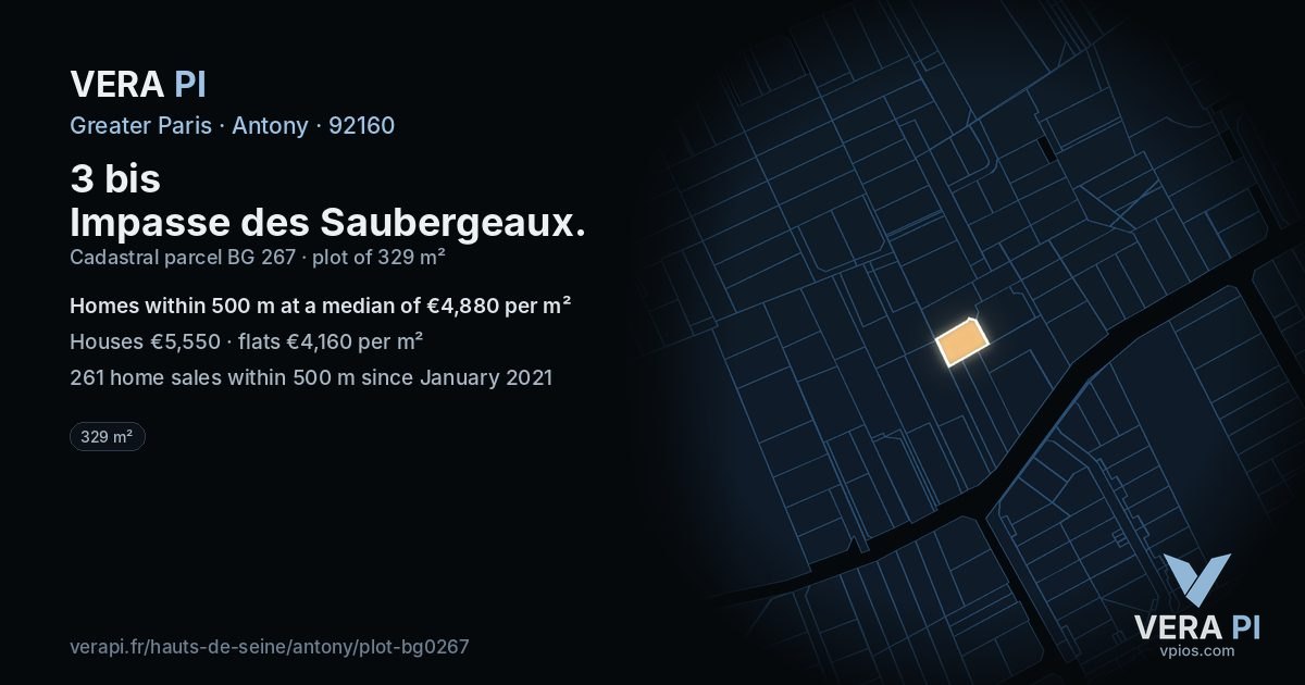 3 bis Impasse des Saubergeaux, Antony at night – the plot lit, the parcels around coloured by the prices near them