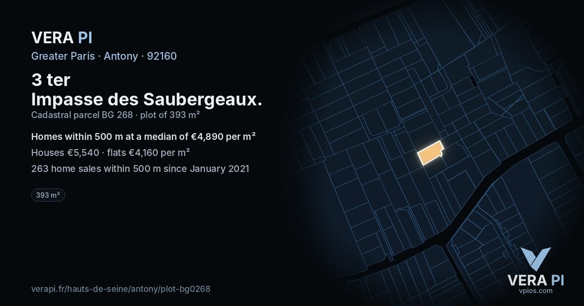 3 ter Impasse des Saubergeaux, Antony at night – the plot lit, the parcels around coloured by the prices near them