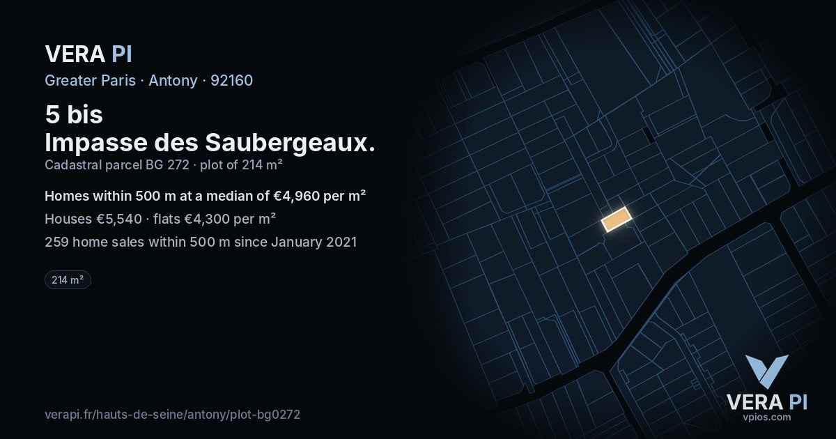 5 bis Impasse des Saubergeaux, Antony at night – the plot lit, the parcels around coloured by the prices near them