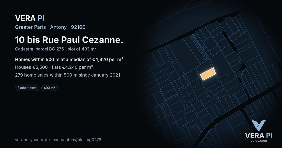 10 bis Rue Paul Cezanne, Antony at night – the plot lit, the parcels around coloured by the prices near them
