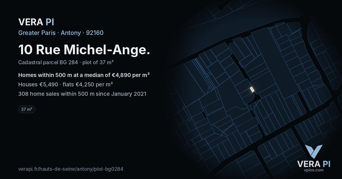 10 Rue Michel-Ange, Antony at night – the plot lit, the parcels around coloured by the prices near them