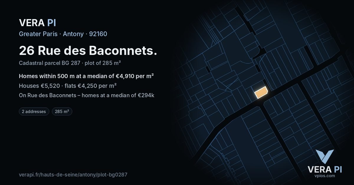 26 Rue des Baconnets, Antony at night – the plot lit, the parcels around coloured by the prices near them