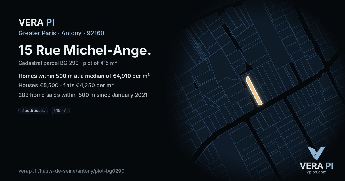 15 Rue Michel-Ange, Antony at night – the plot lit, the parcels around coloured by the prices near them