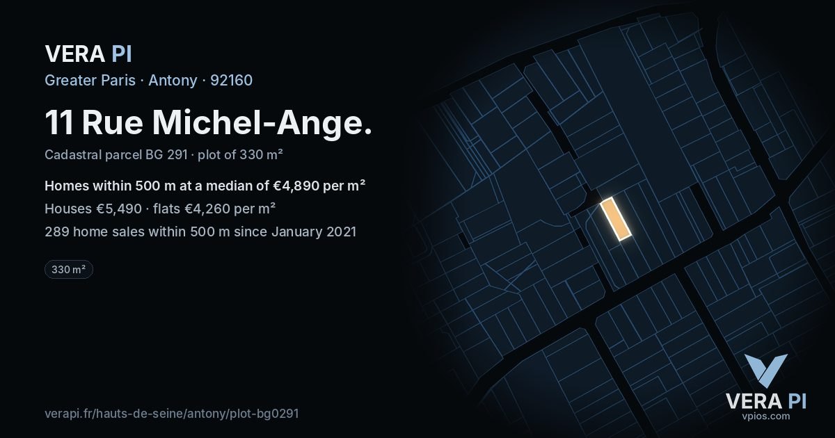 11 Rue Michel-Ange, Antony at night – the plot lit, the parcels around coloured by the prices near them