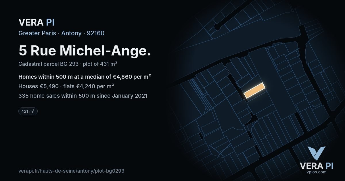 5 Rue Michel-Ange, Antony at night – the plot lit, the parcels around coloured by the prices near them